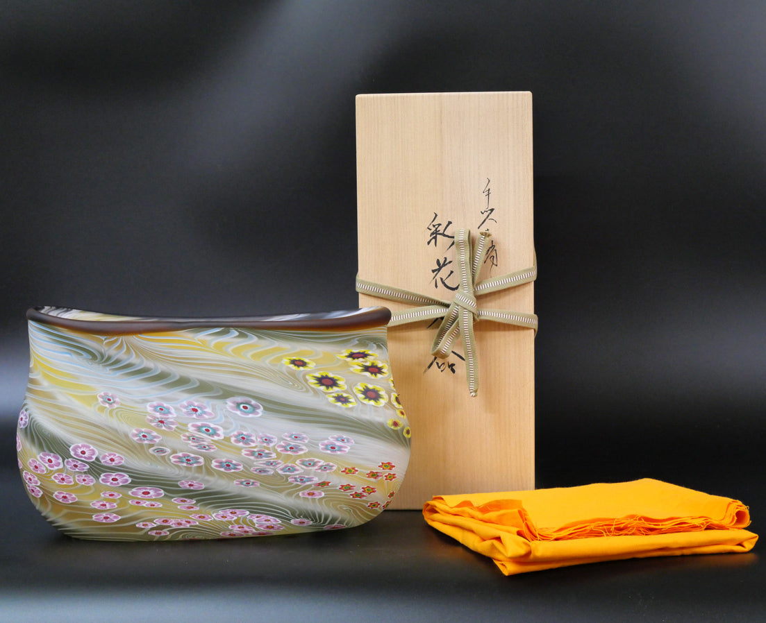 石井康治「手吹き硝子 金彩輪花鉢」共箱 絵画買取・販売の小竹美術