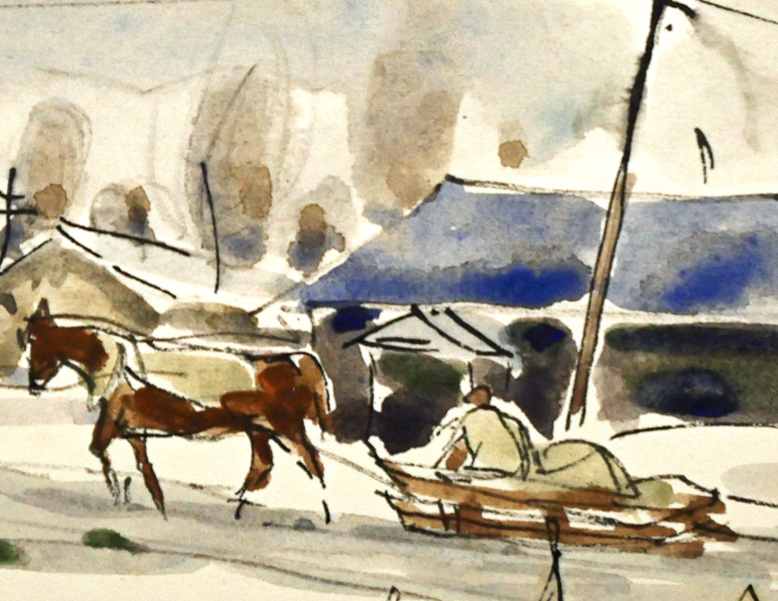 伊藤正「馬橇のある風景」水彩画 絵画買取・販売の小竹美術