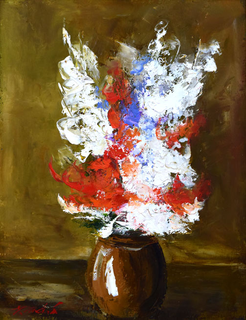 油絵 赤白ボーダーの花瓶と花 油絵赤白ボーダーの花瓶と花