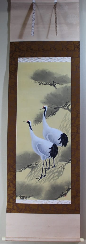 真作】掛軸 松上鶴 吉祥の象徴 二羽の鶴と老松 共箱入 S112 真作】掛軸