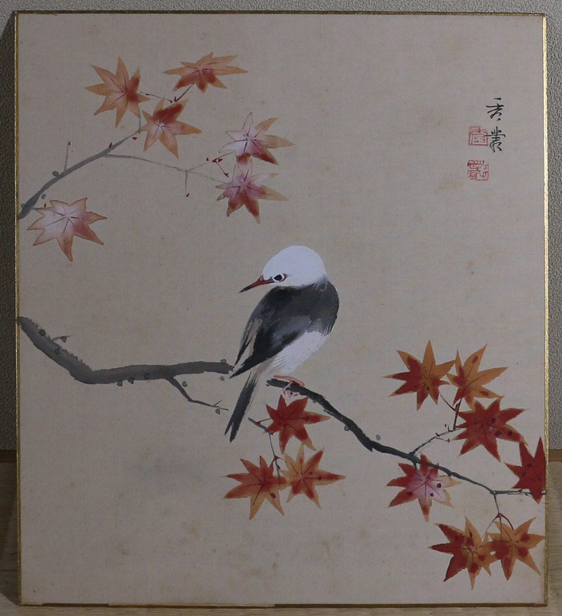 h49AUG【真作】金子八畝「紅葉 小禽図」 掛軸 紙本 花鳥図 鳥獣