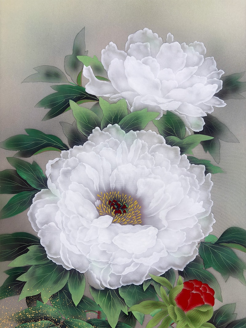 屏風 春湖 牡丹 絹本 引取品 年代物 時代物 美術品 アート 屏風 春湖