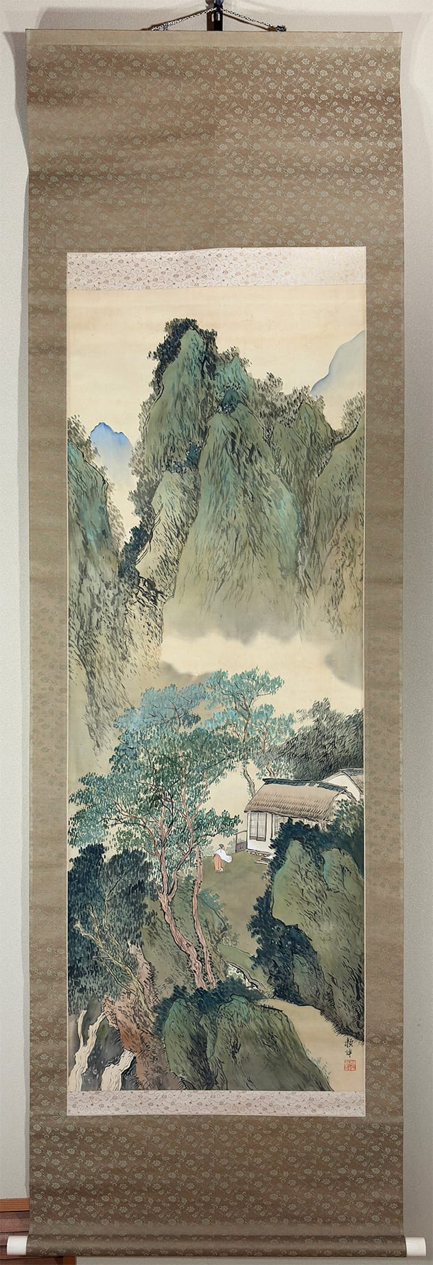 鑑定 日本画・在銘【白東】 青緑山水図 掛軸 模写 鑑定 日本画・