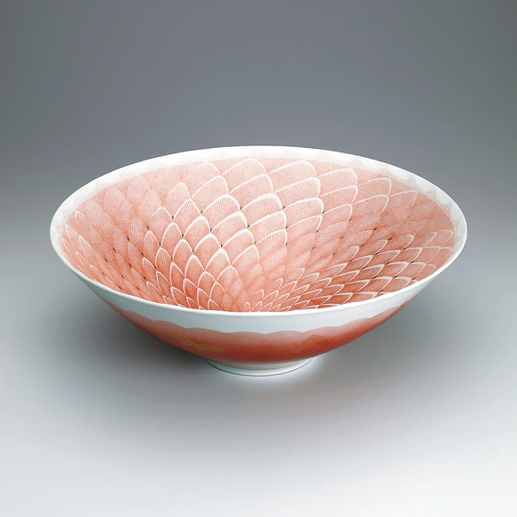 九谷焼 名工 福島武山作 赤網手 棒タイ 共箱 共布 栞 九谷焼 名工 福島