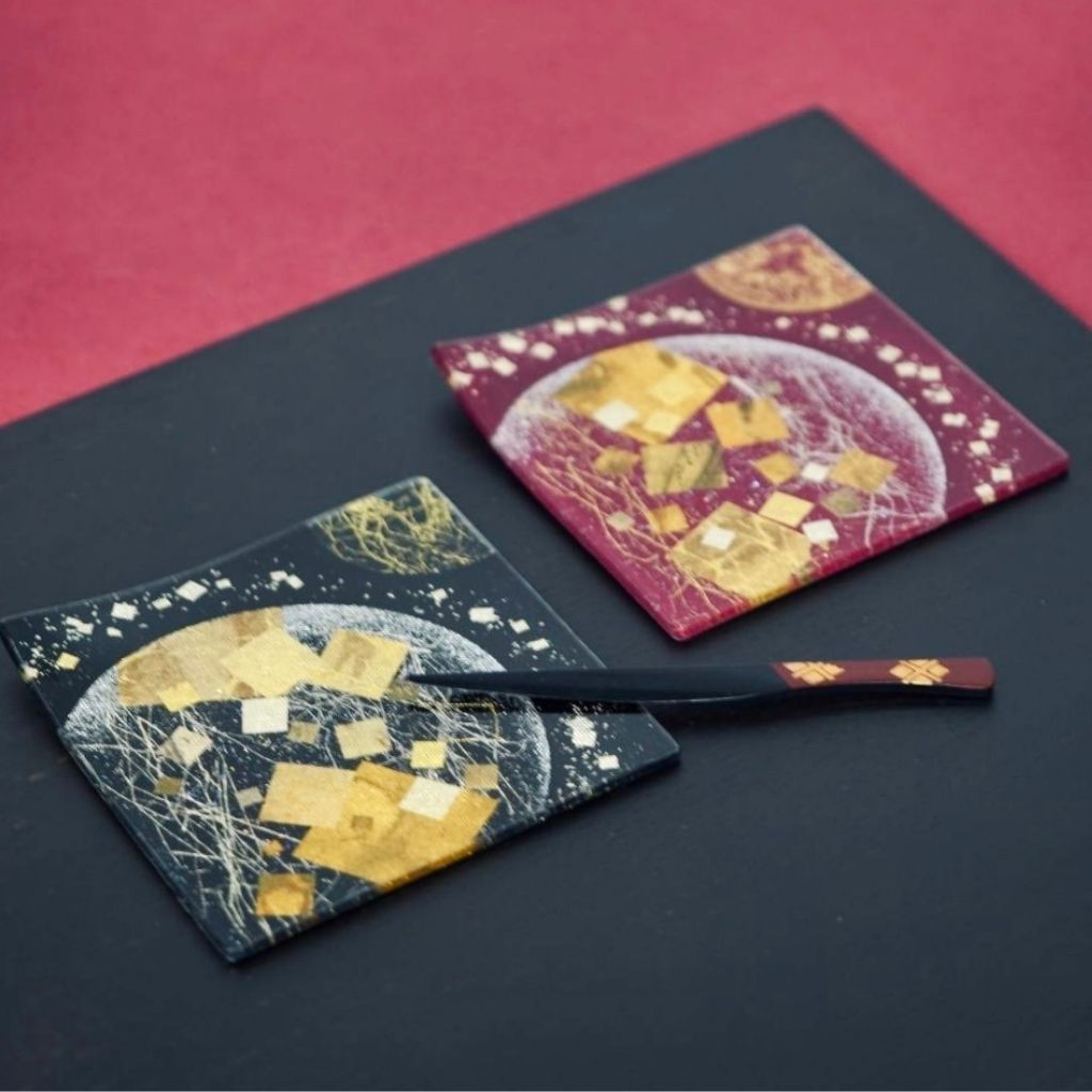 金彩友禅 ガラスの器 双子月切れ箔 10cm 角皿 – 漆器 高翆