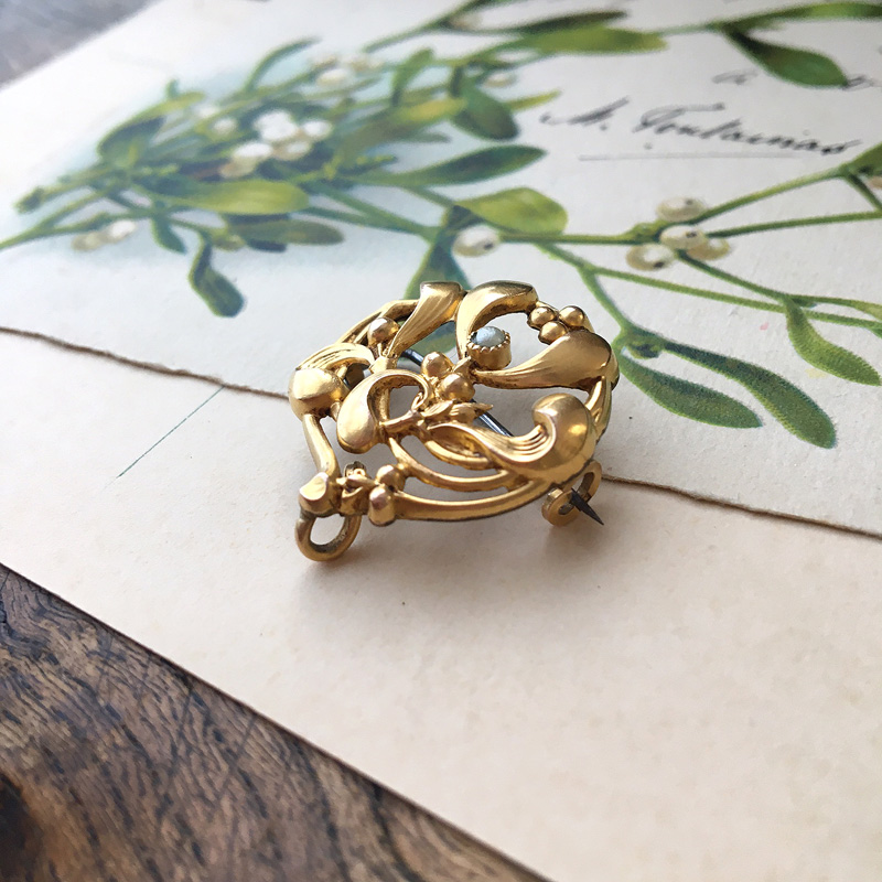 FIX パールとヤドリギのゴールドブローチ - アンティーク k-nuts