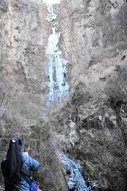巨大な氷柱出現！ 阿蘇市古閑の滝凍る 今季一番の冷え込みで｜熊本日日