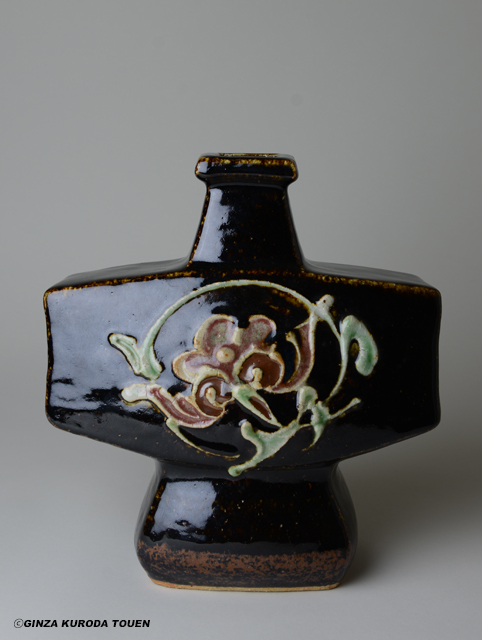 河井寛次郎作 鶴首 灰釉瓶子 共布共箱 M R8846 河井寛次郎作 鶴首 灰釉