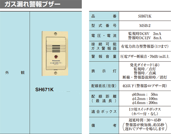 SH671K | Panasonic ガス漏れ警報ブザー(有電圧出力型用) 住宅用ガス