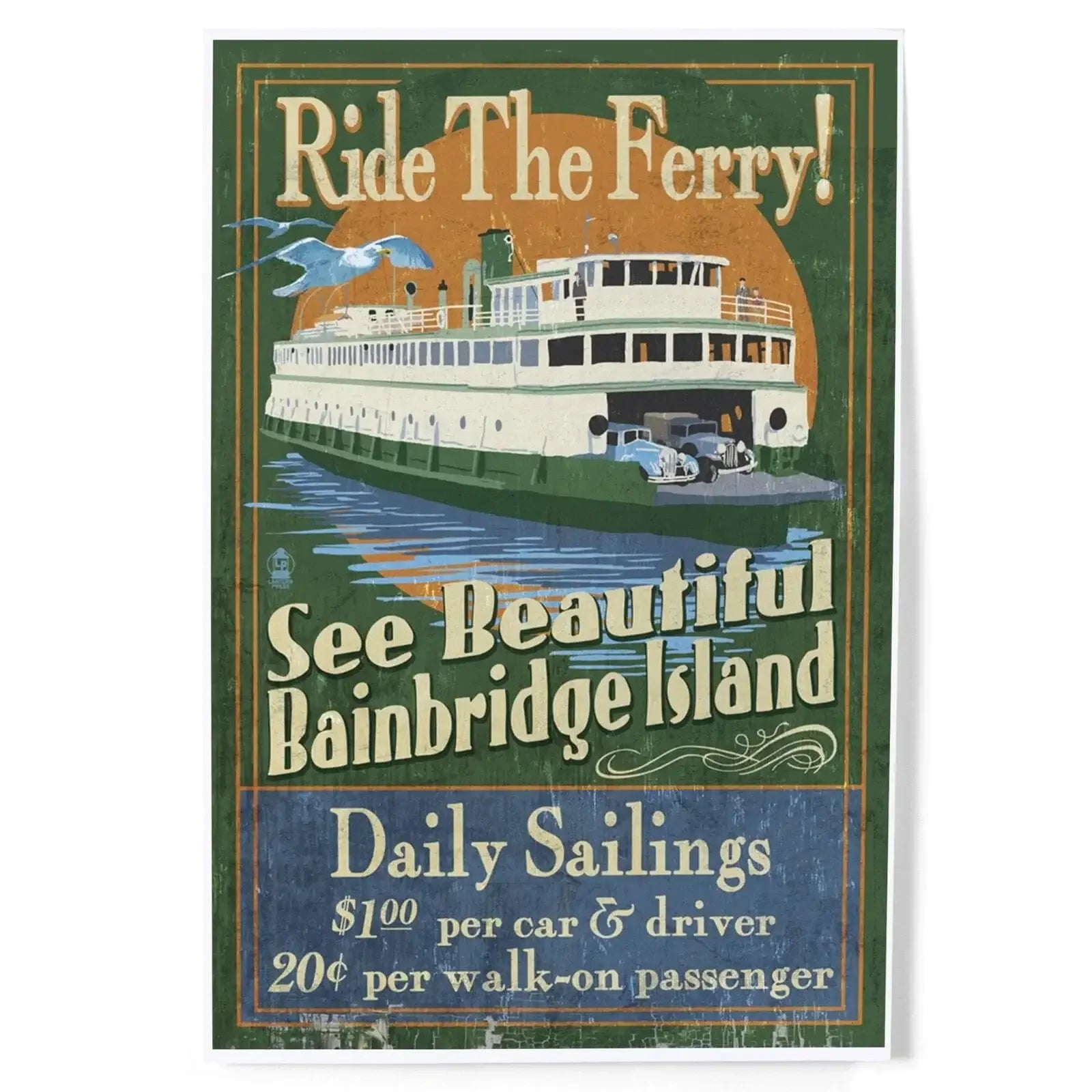 Bainbridge Island, Washington, Ferry Ride Vintage Sign art prints