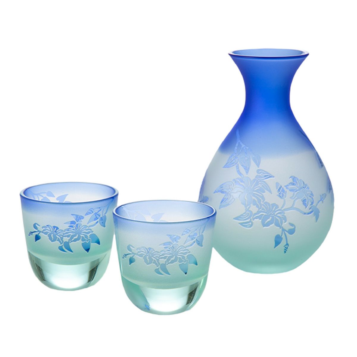 太武朗工房／タブロー 彫刻硝子 夢柄子 鉄線紋 酒器三点揃 グリーン