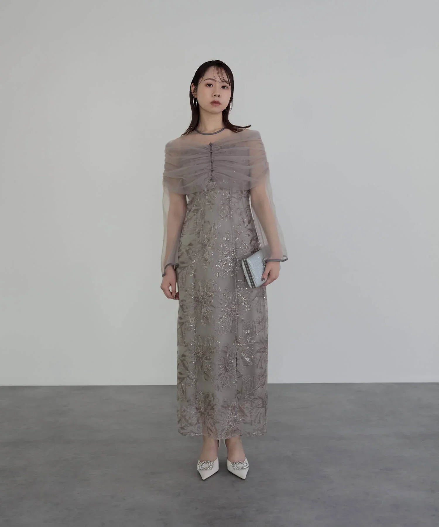 一部当日発送】チュールオフショルダー花柄Iラインドレス/パーティー