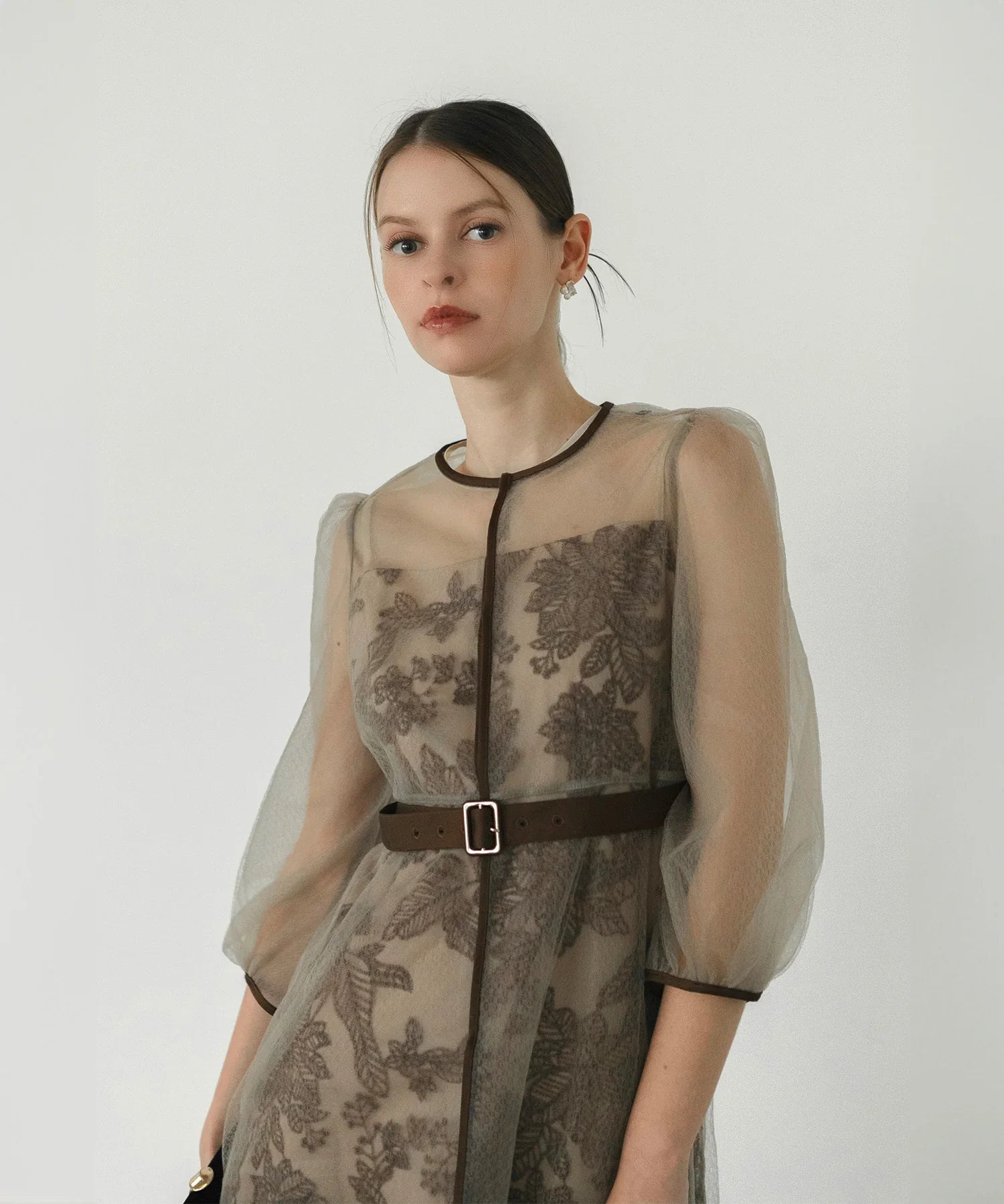 当日発送】チュールパイピングリーフベルトAラインドレス/パーティー