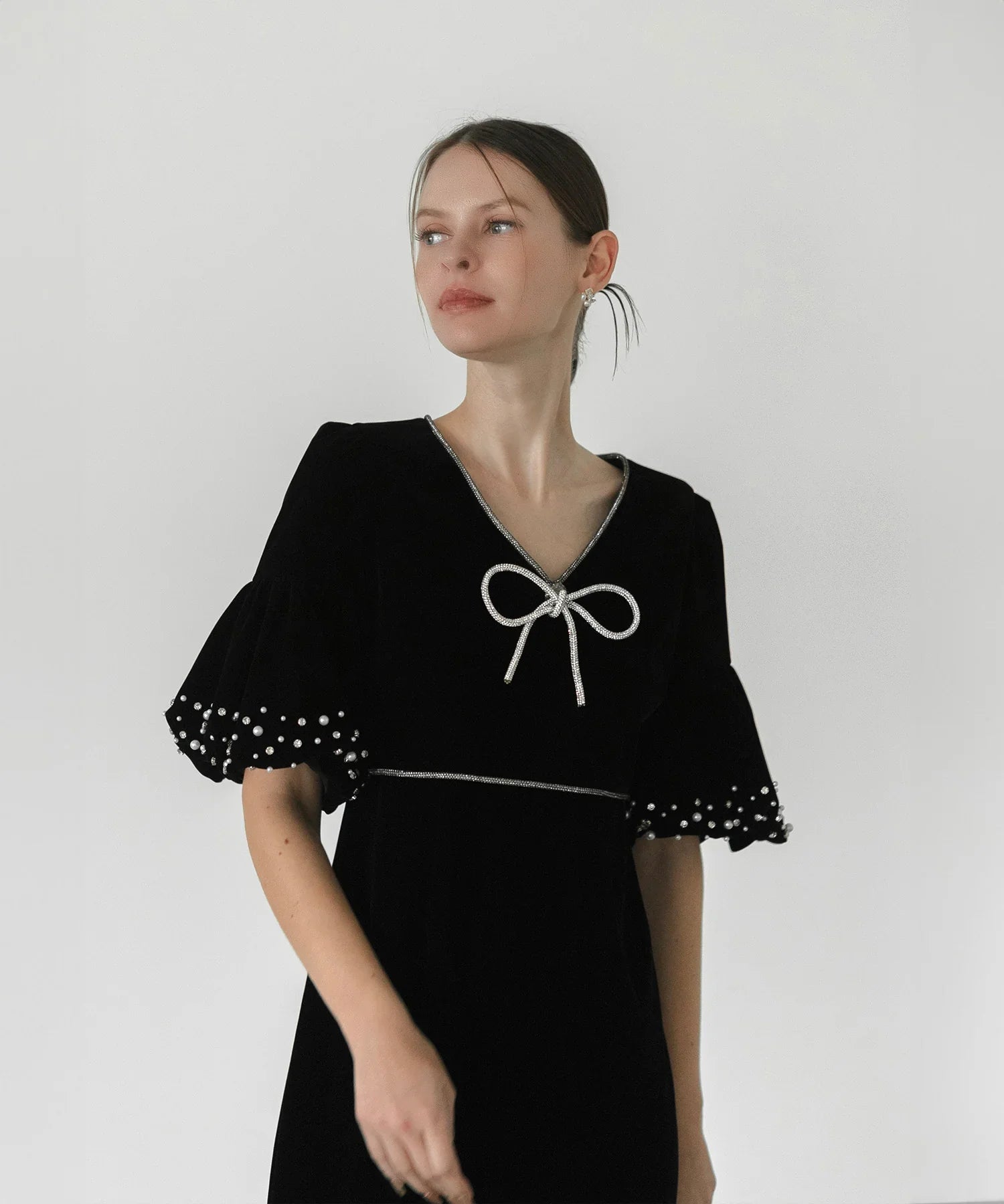 当日発送】パールストーンリボンベロアギャザーワンピース/パーティー