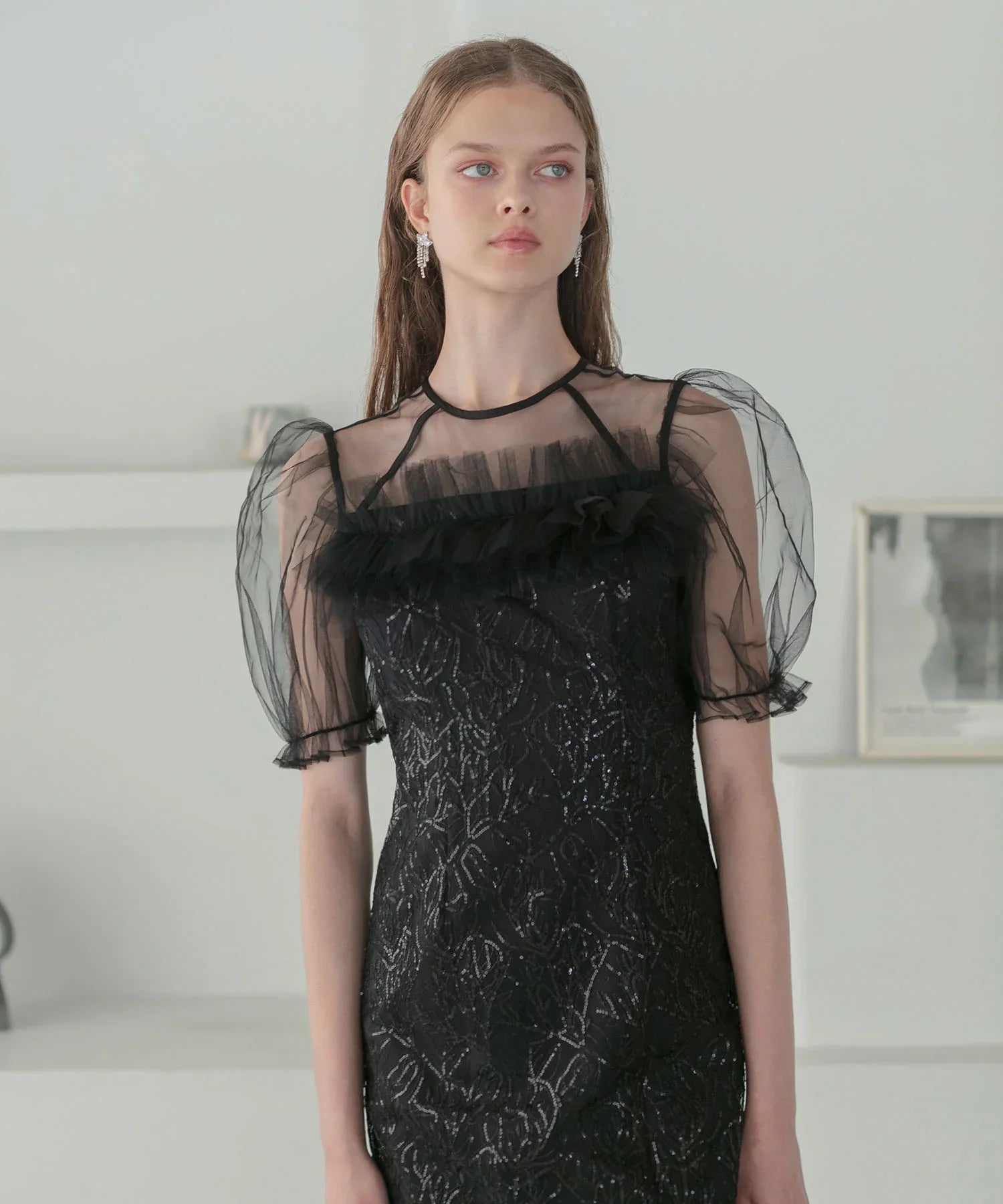 当日発送】チュールフラワースパンコールIラインワンピース結婚式ドレス