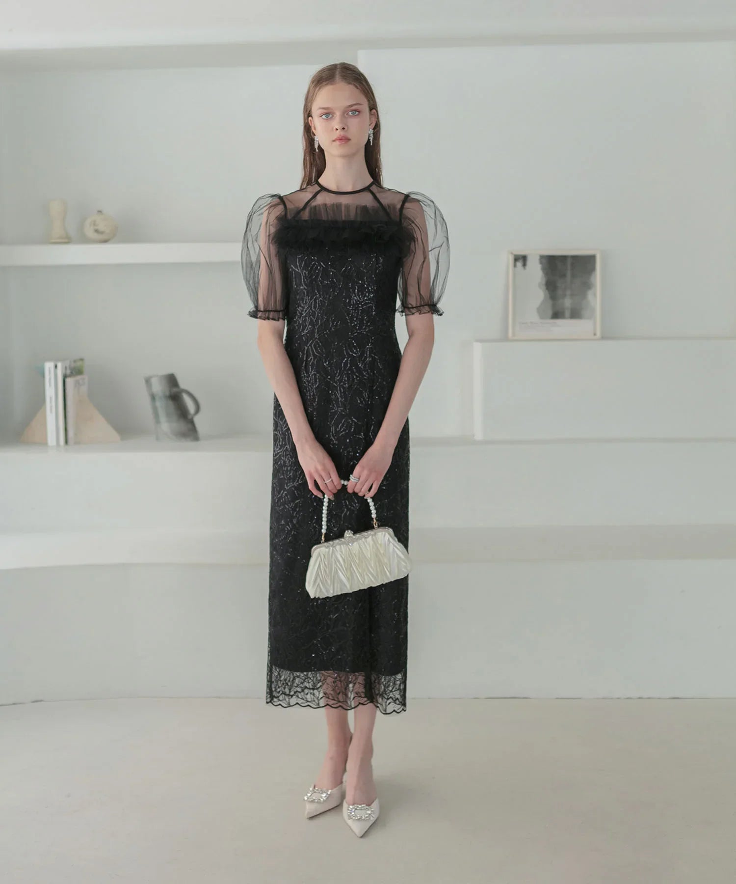 当日発送】チュールフラワースパンコールIラインワンピース結婚式ドレス