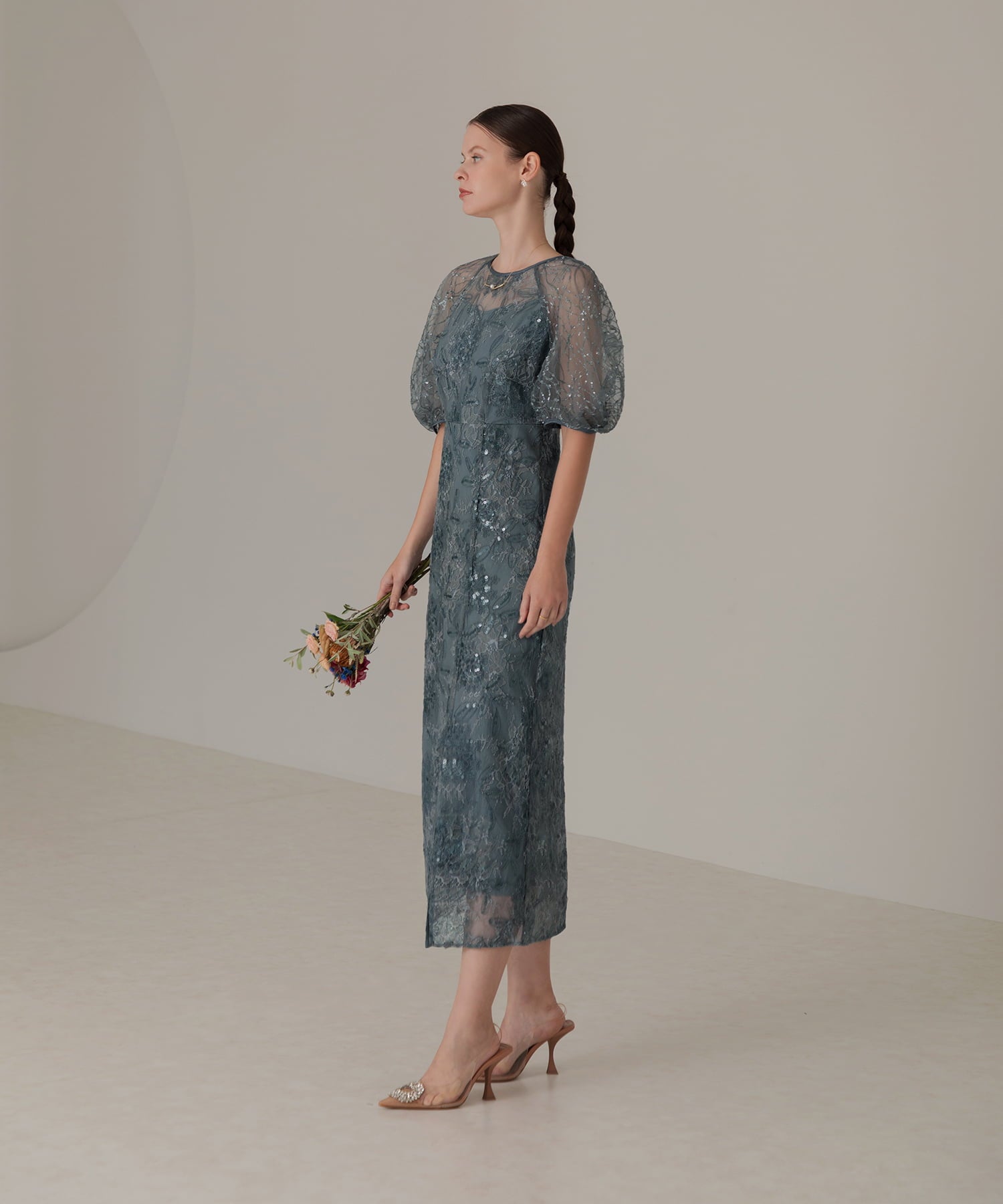 Leja 花柄レースカラースパンコールAラインワンピースドレス Leja