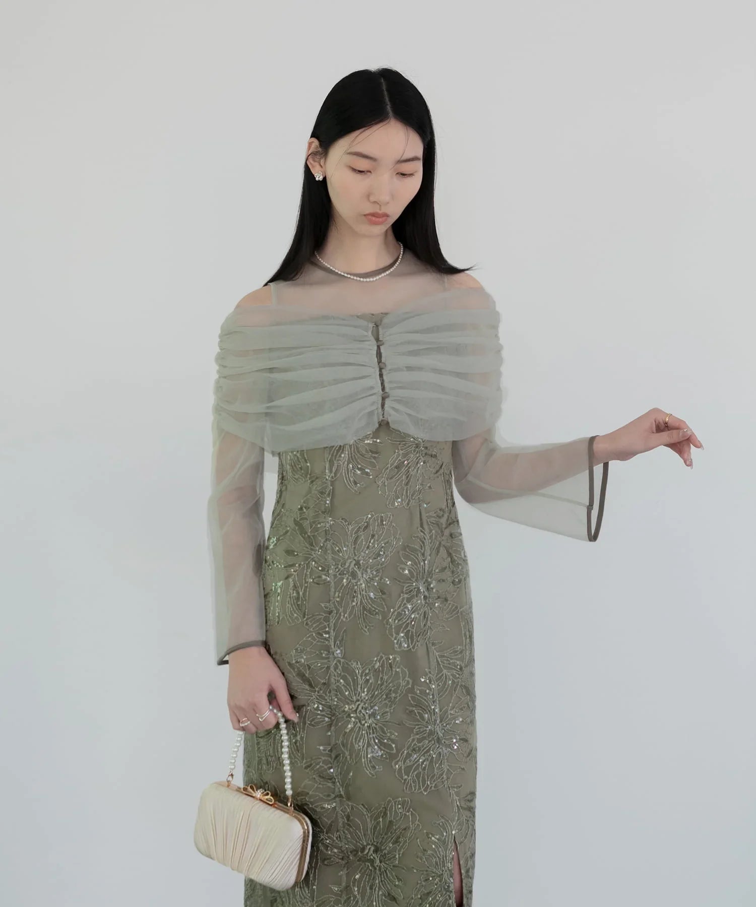 一部当日発送】チュールオフショルダー花柄Iラインドレス/パーティー