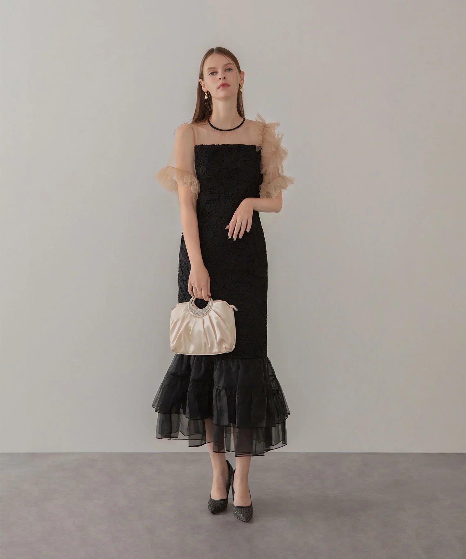 当日発送】アシンメトリーチュールスリーブレースフリルヘムIライン