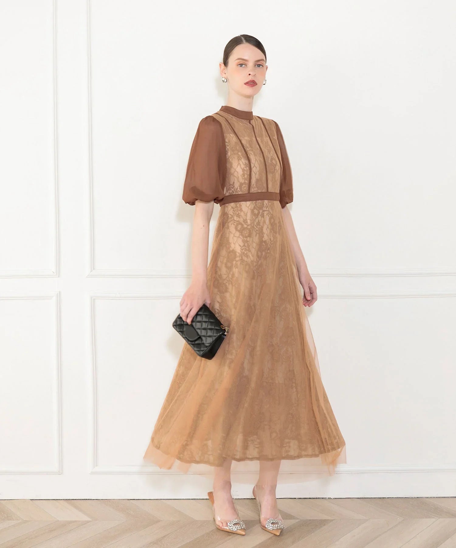 当日発送】ハイウエストチュールレースAラインドレス/パーティードレス