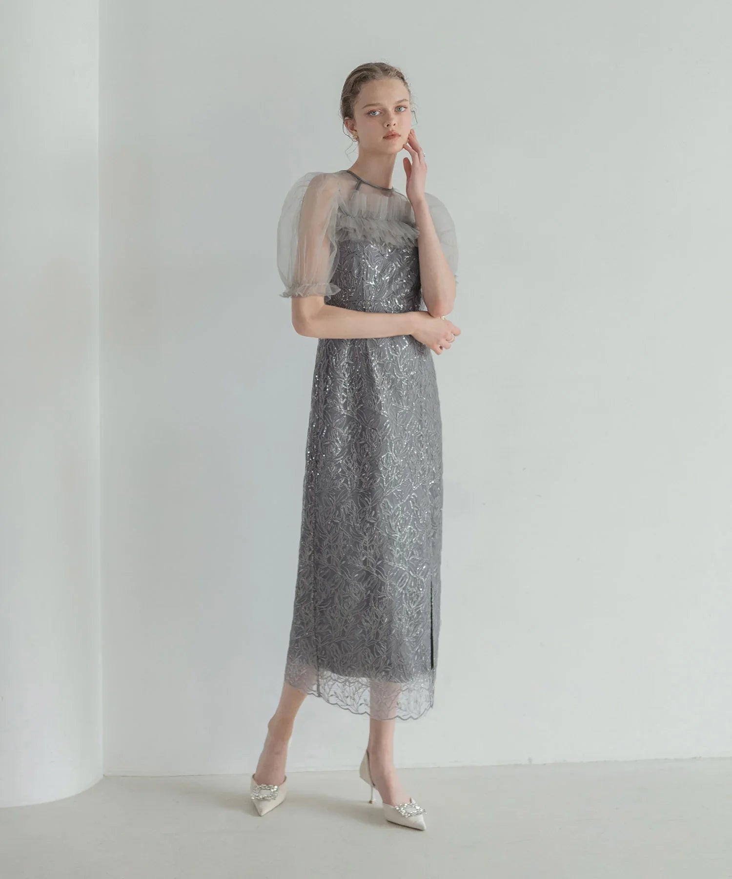 当日発送】チュールフラワースパンコールIラインワンピース結婚式ドレス