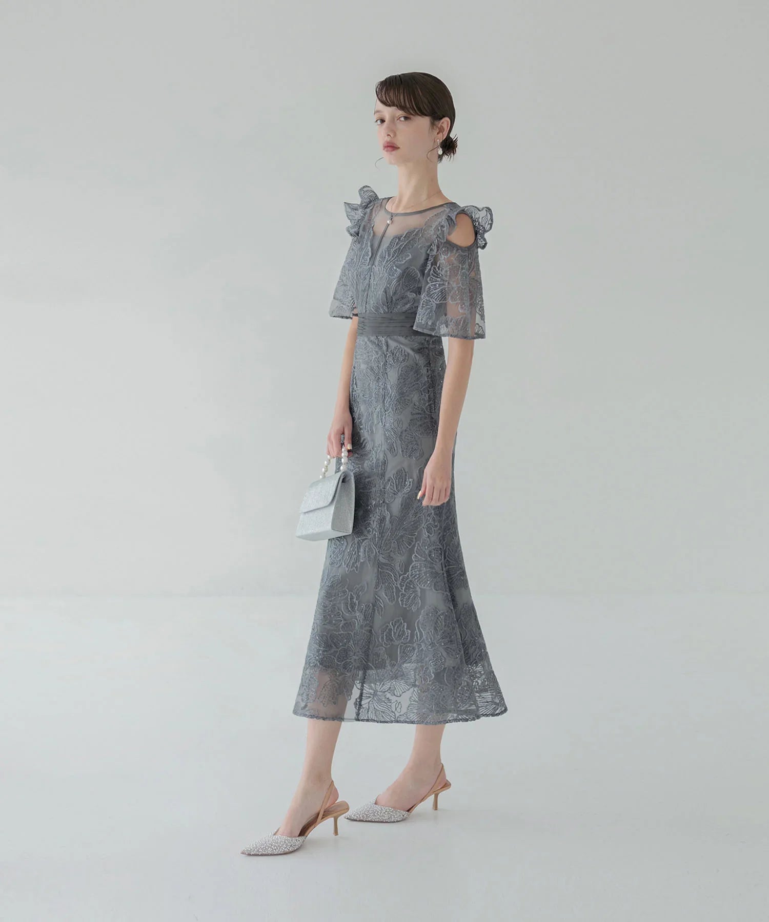 一部当日発送】フラワーレースシアーフリルマーメイドワンピース結婚式