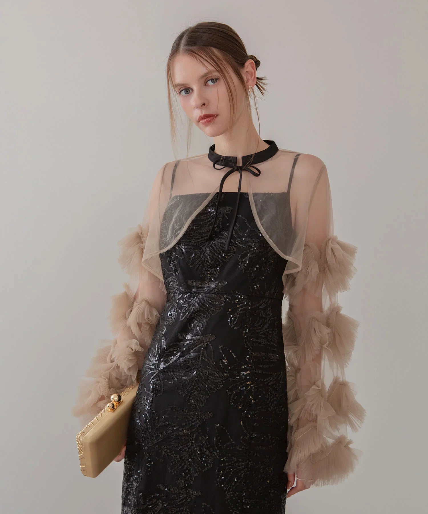 一部当日発送】フリルチュールスリーブリボンIラインワンピースドレス