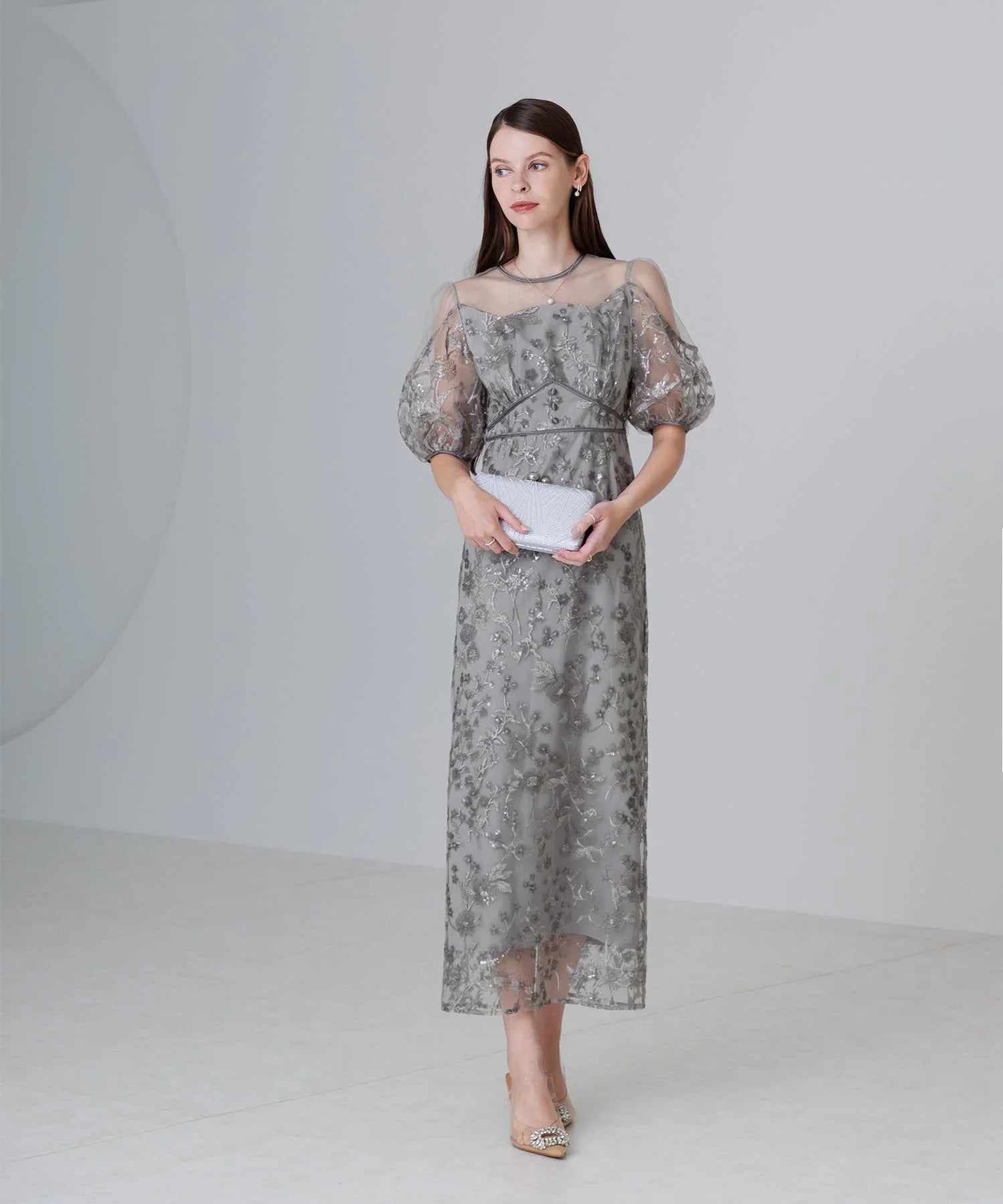 当日発送】フラワーディテールパフスリーブIラインワンピース結婚式ドレス