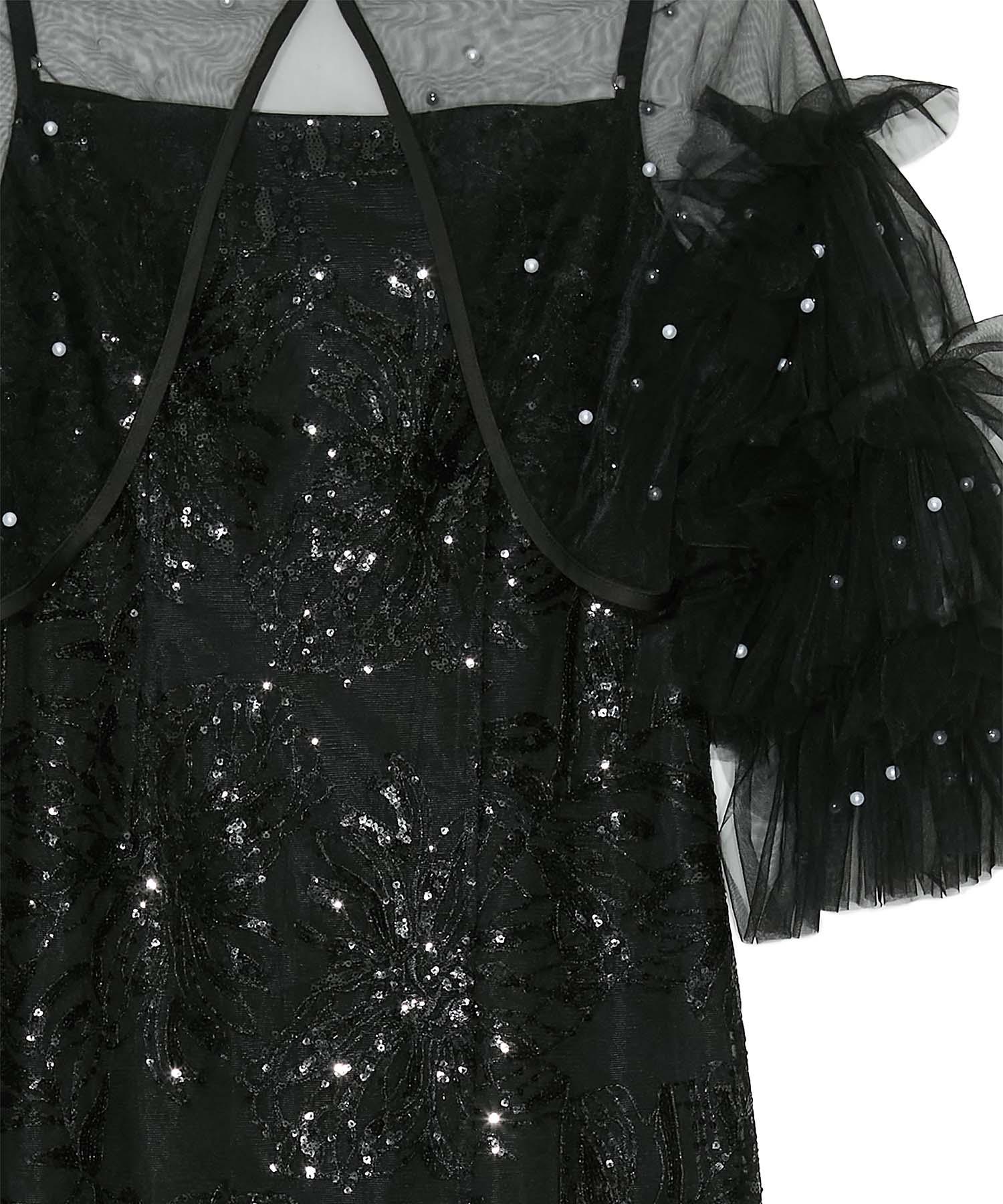 SOLD OUT】パールフリルチュールボレロレイヤードIラインワンピースドレス