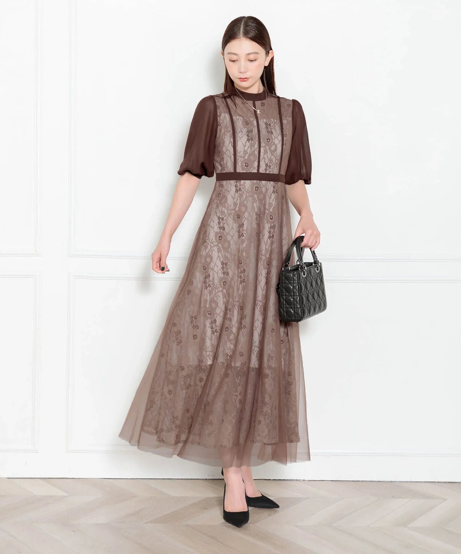 当日発送】ハイウエストチュールレースAラインドレス/パーティードレス