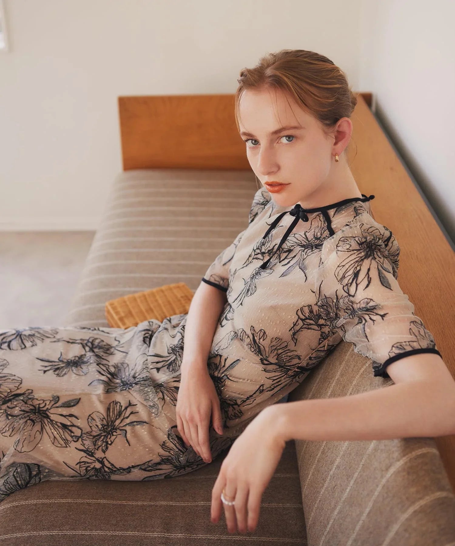 当日発送】花柄リボンパフスリーブマーメイドドレス/パーティードレス