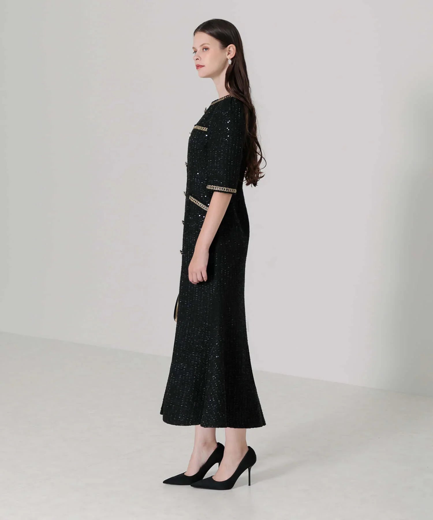 当日発送】ラメツイードレザーパイピングパールマーメイドワンピース