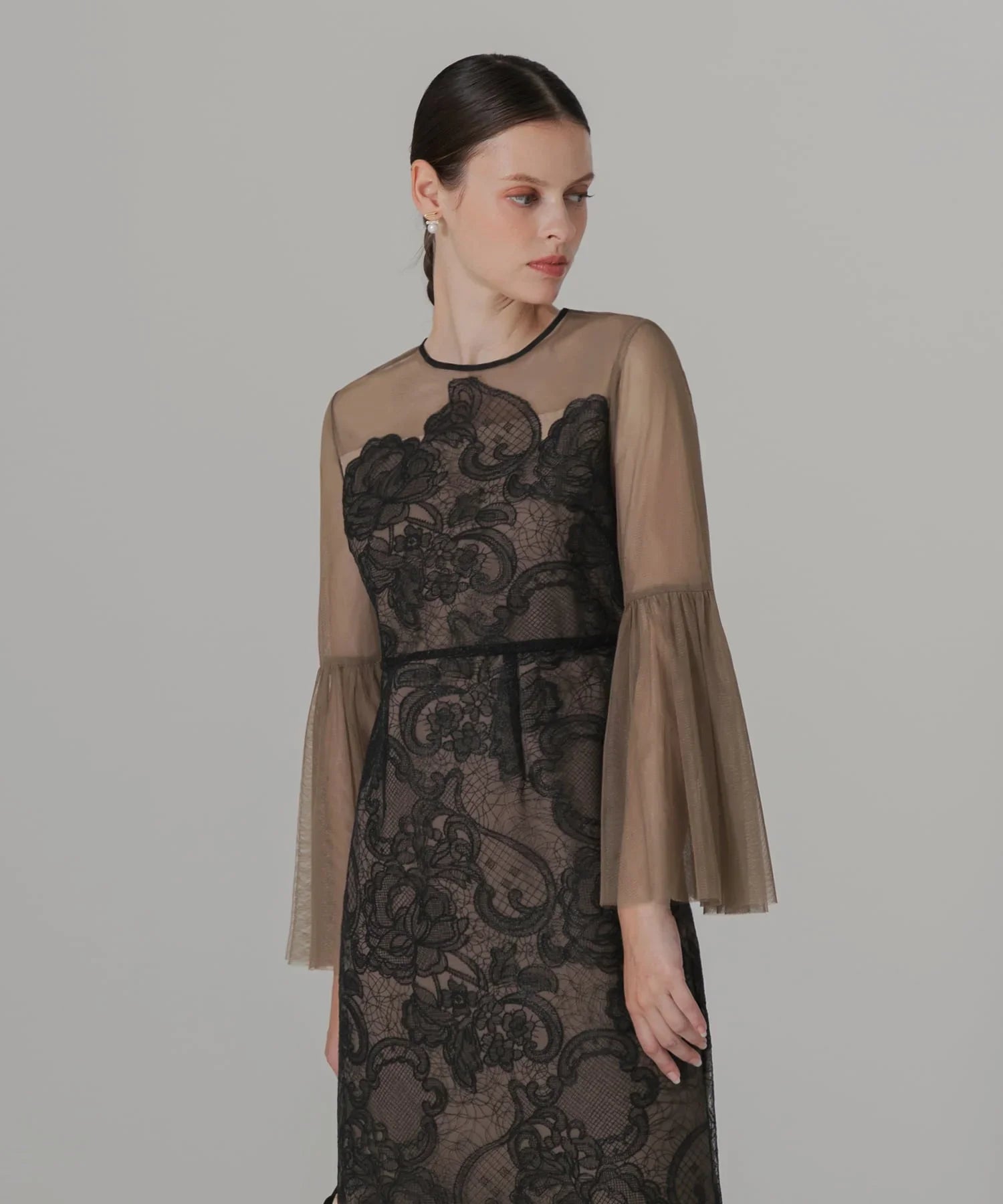 Leja シアー 刺繍レース プリーツスリーブ Iラインワンピース ドレス S