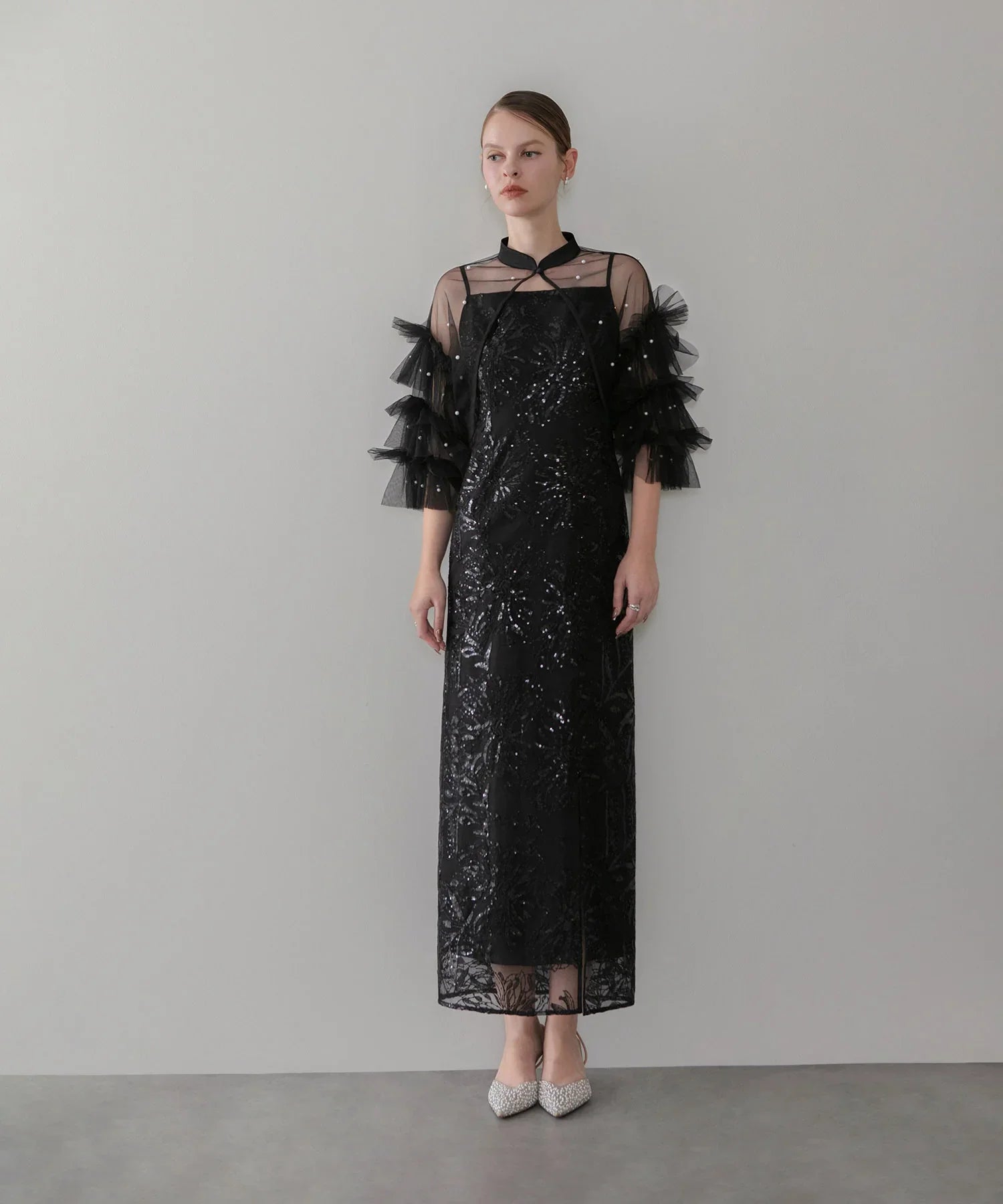 SOLD OUT】パールフリルチュールボレロレイヤードIラインワンピースドレス