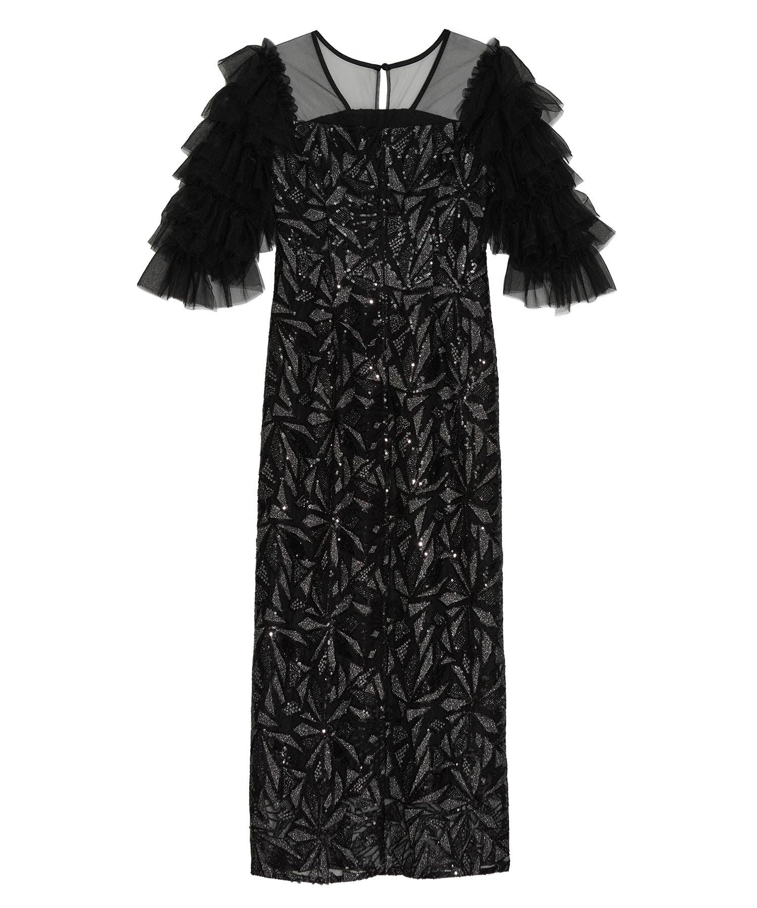 当日発送】チュールフリルスリーブスパンコールIラインワンピースドレス