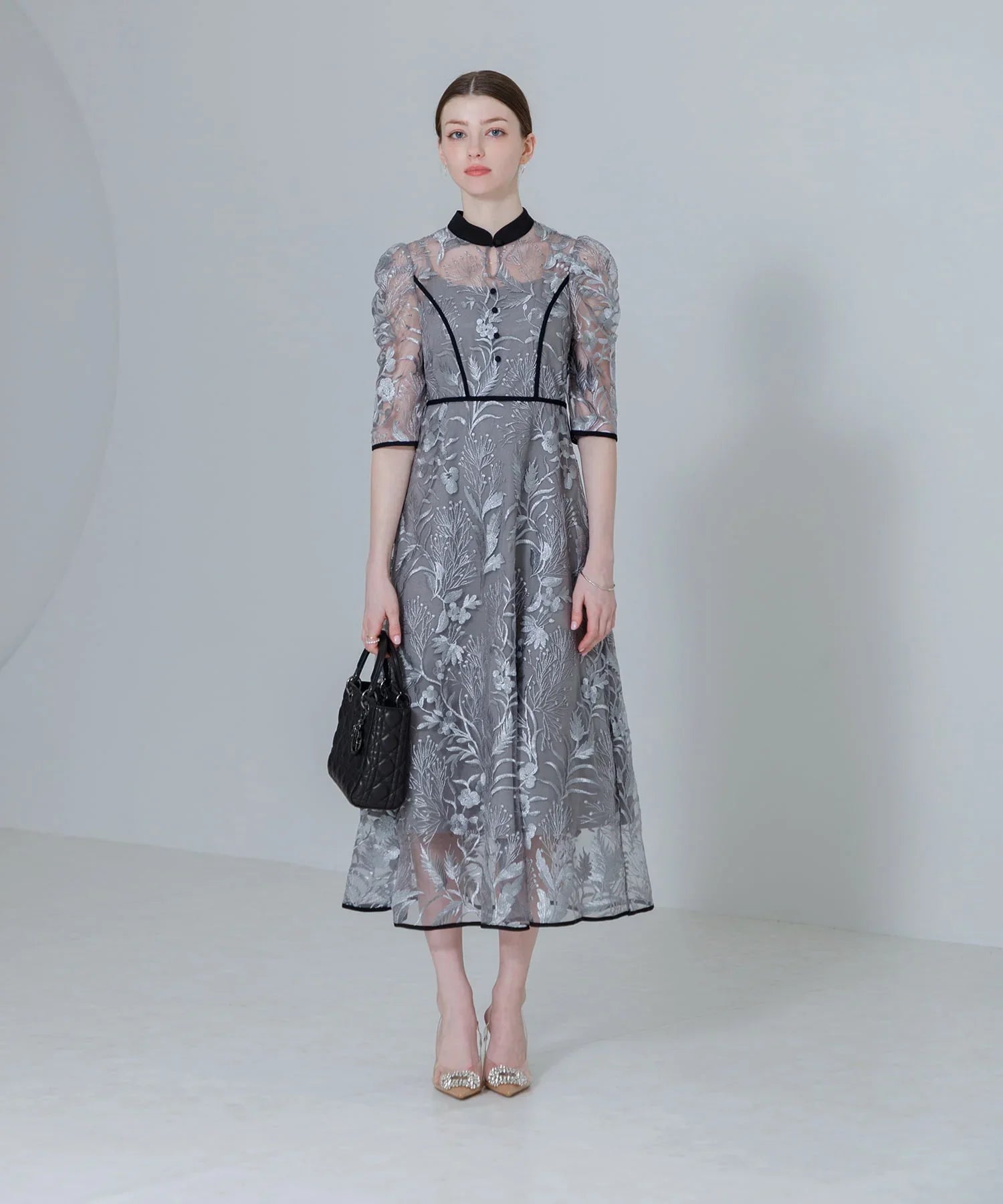 当日発送】花柄チュールパフスリーブワンピース/パーティードレス