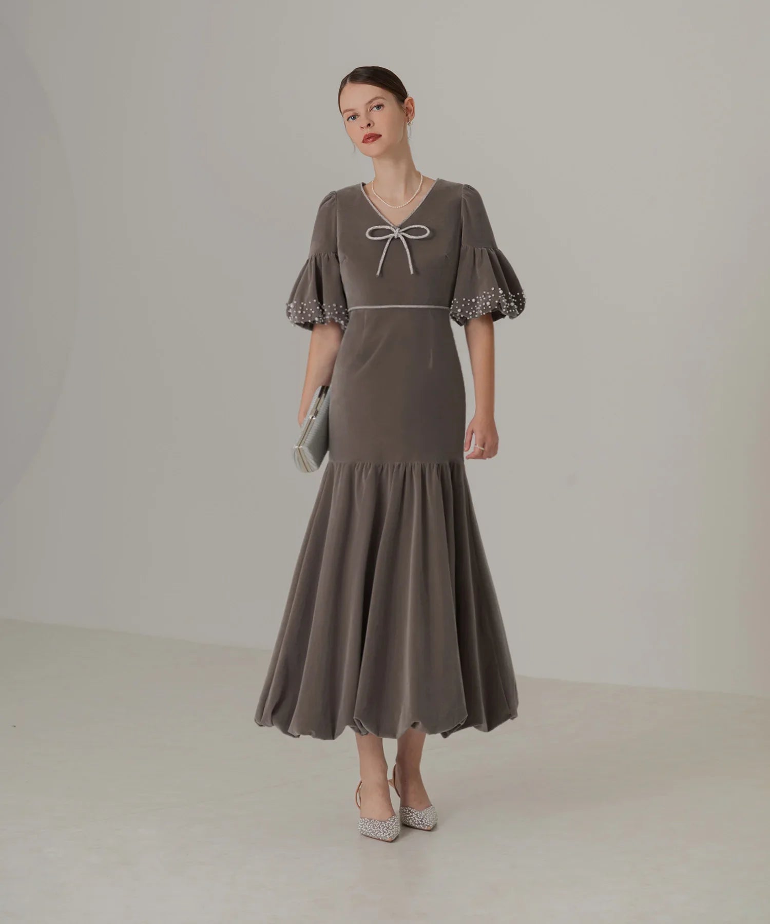 当日発送】パールストーンリボンベロアギャザーワンピース/パーティー