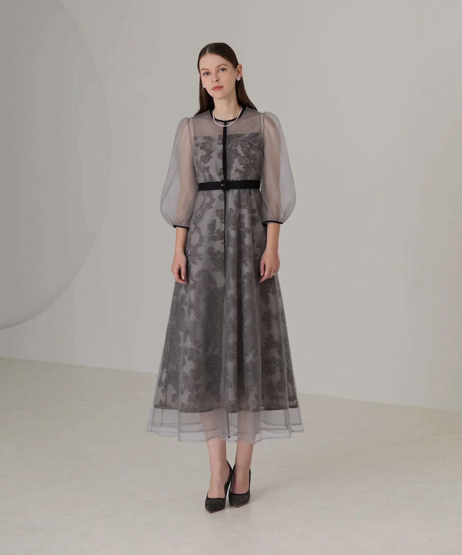 当日発送】チュールパイピングリーフベルトAラインドレス/パーティー