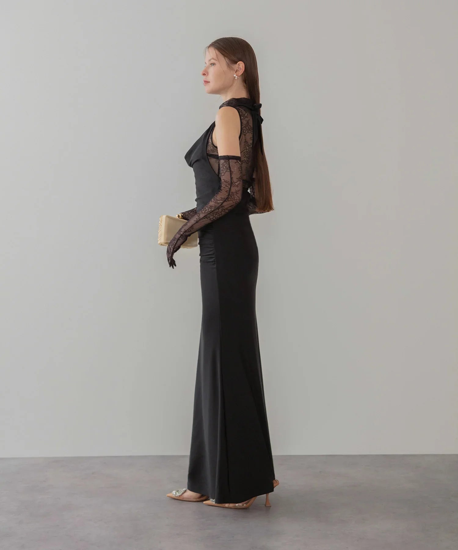 LEJA LUXE】2WAYシアーレースグローブクラシックブラックマーメイドドレス