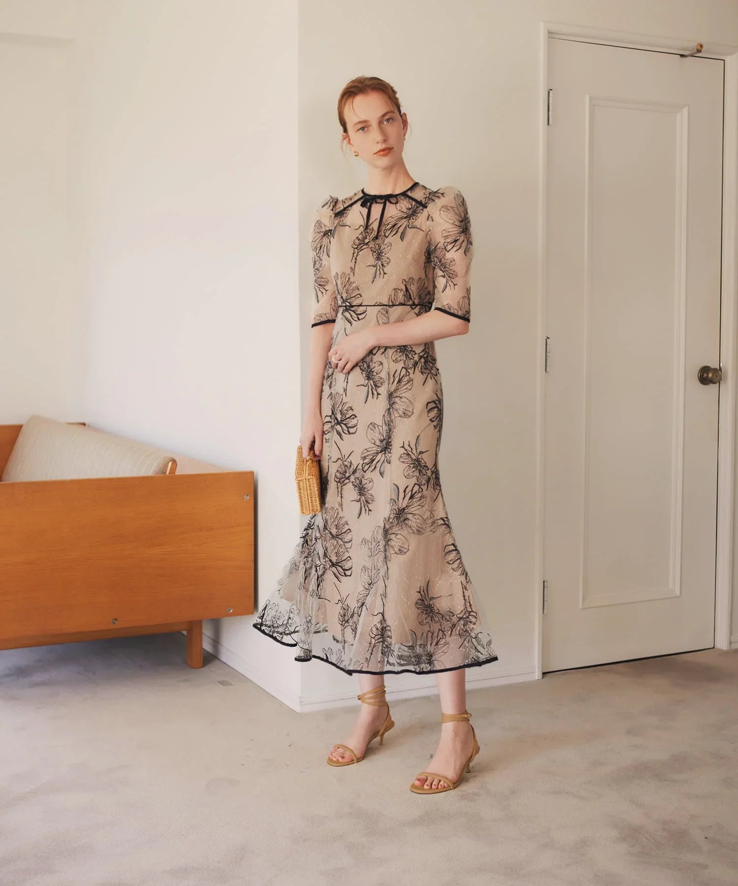 当日発送】花柄リボンパフスリーブマーメイドドレス/パーティードレス