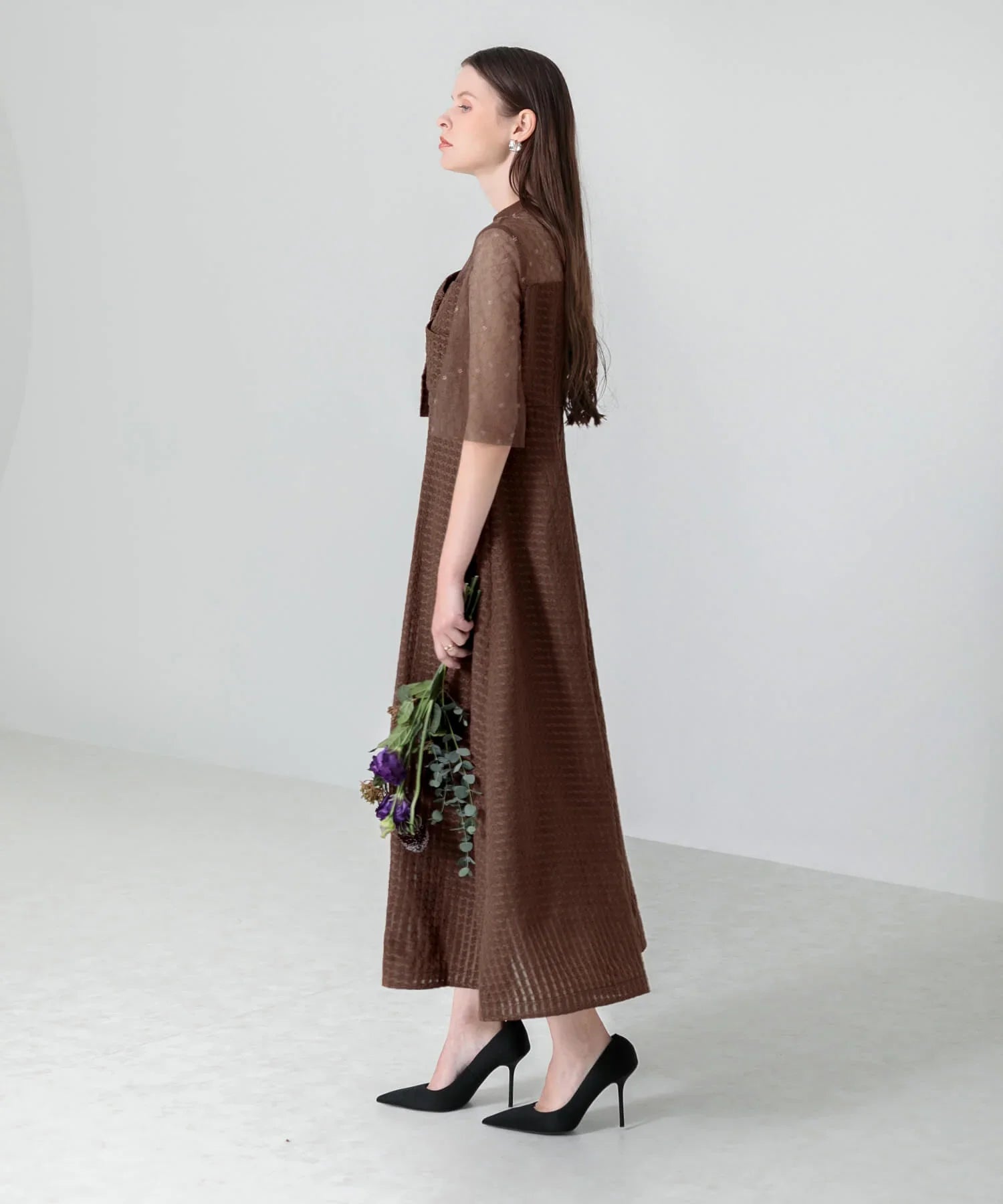 当日発送】ビスチェ風ハイネック花柄シアーレースワッフルワンピース