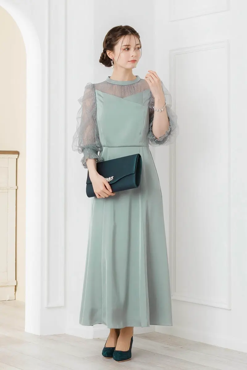 グリーンのダイヤチュール×サテンドレス | Dorry doll | M | 結婚式