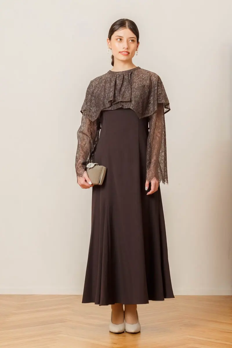ブラウンのレイヤードケープドレス | ANDRESD | M | 結婚式パーティー