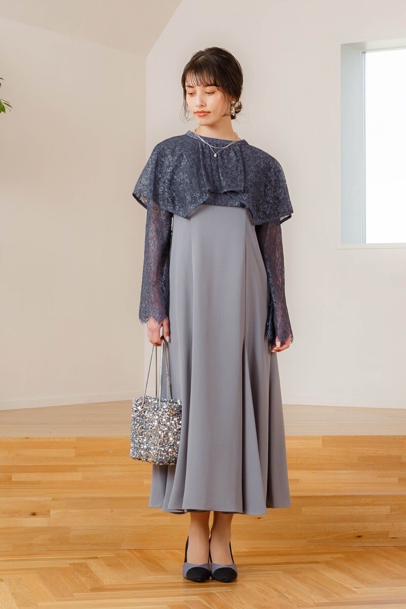 グレーのレイヤードケープドレス | ANDRESD | M | 結婚式パーティーの