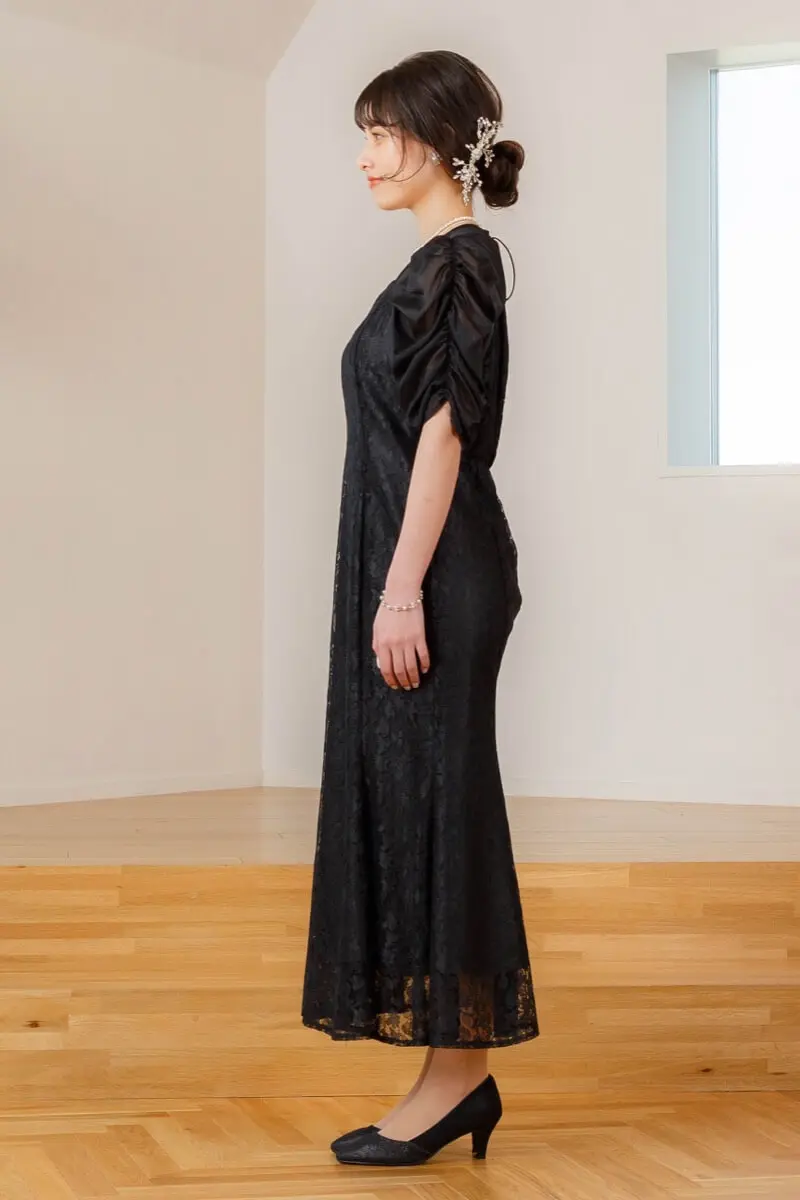 ブラックのギャザースリーブマーメイドドレス | Dorry doll | M | 結婚