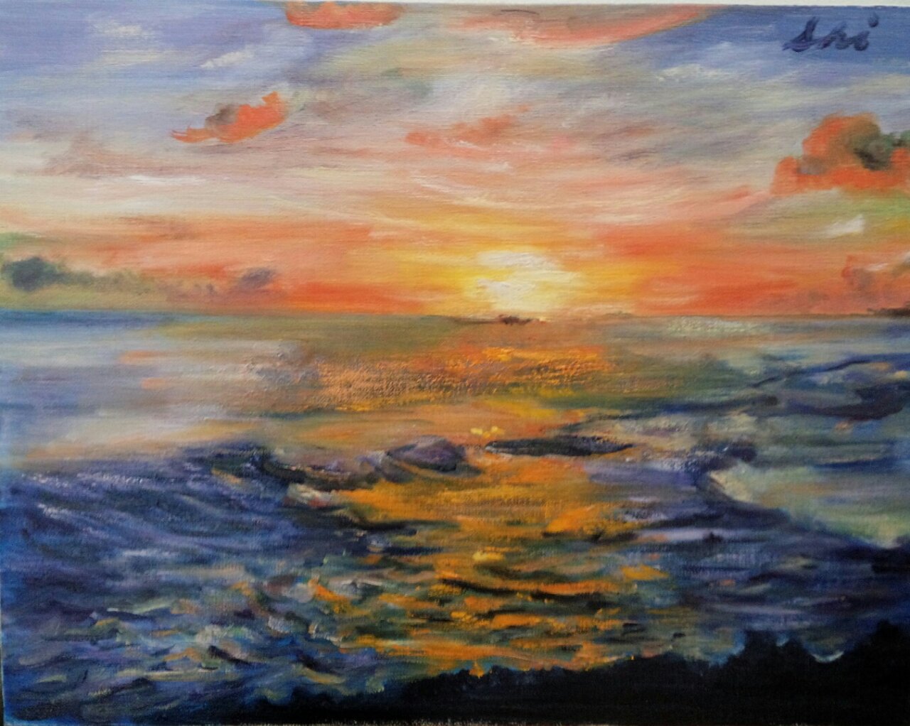 印象派風 油彩画 夕焼けの海 F12 印象派風 油彩画 夕焼けの海 F12