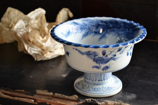 杯洗□染付十草紋盃洗 酒器 杯洗い 鉢 唐草 古美術 時代物 骨董品□ 杯