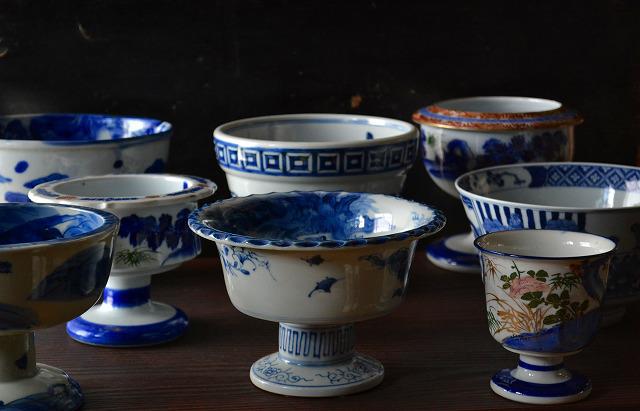 ♢江戸時代 瀬戸焼磁器 染付波千鳥貝尽くし紋 船 盃洗 骨董