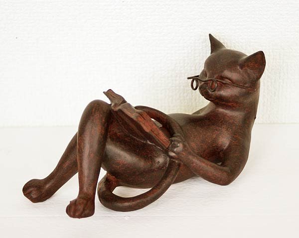 輸入雑貨 読書 ネコ 置物 オブジェ ねこ 猫 ブロンズ風 木彫り風