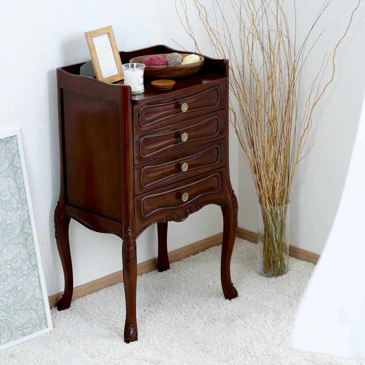 アンティーク 猫足 チェスト クリーム色の木製キャビネット 3段